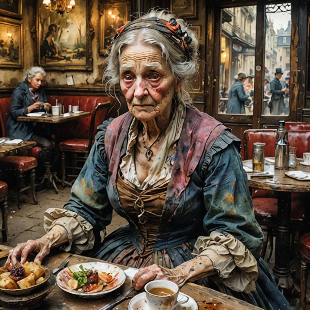 Weathered Woman at Cafe de Paris: Watercolor Painting