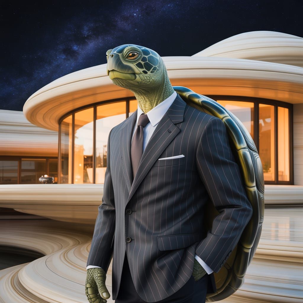 Sophisticated Turtle Being in Bespoke Suit Before Modern Hom...