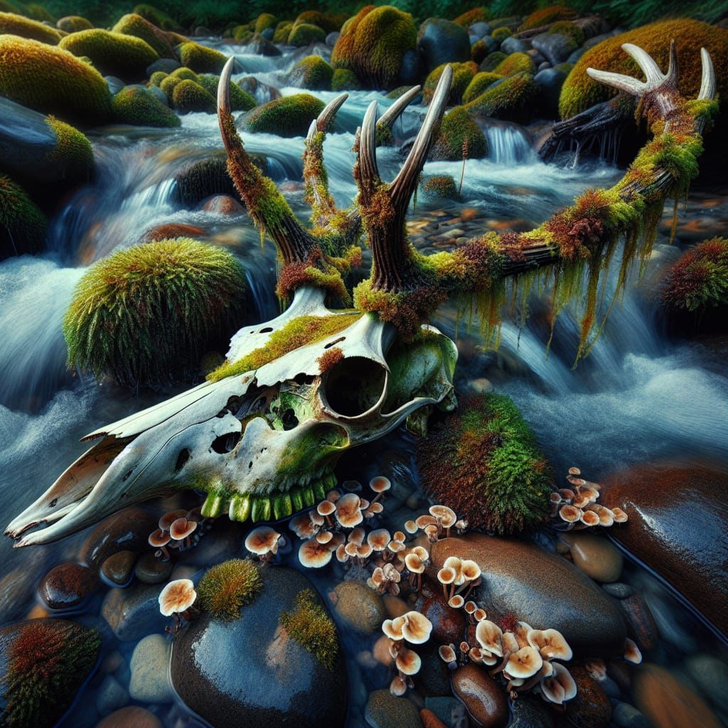 Moss-Covered Stag Skeleton in Flowing Creek