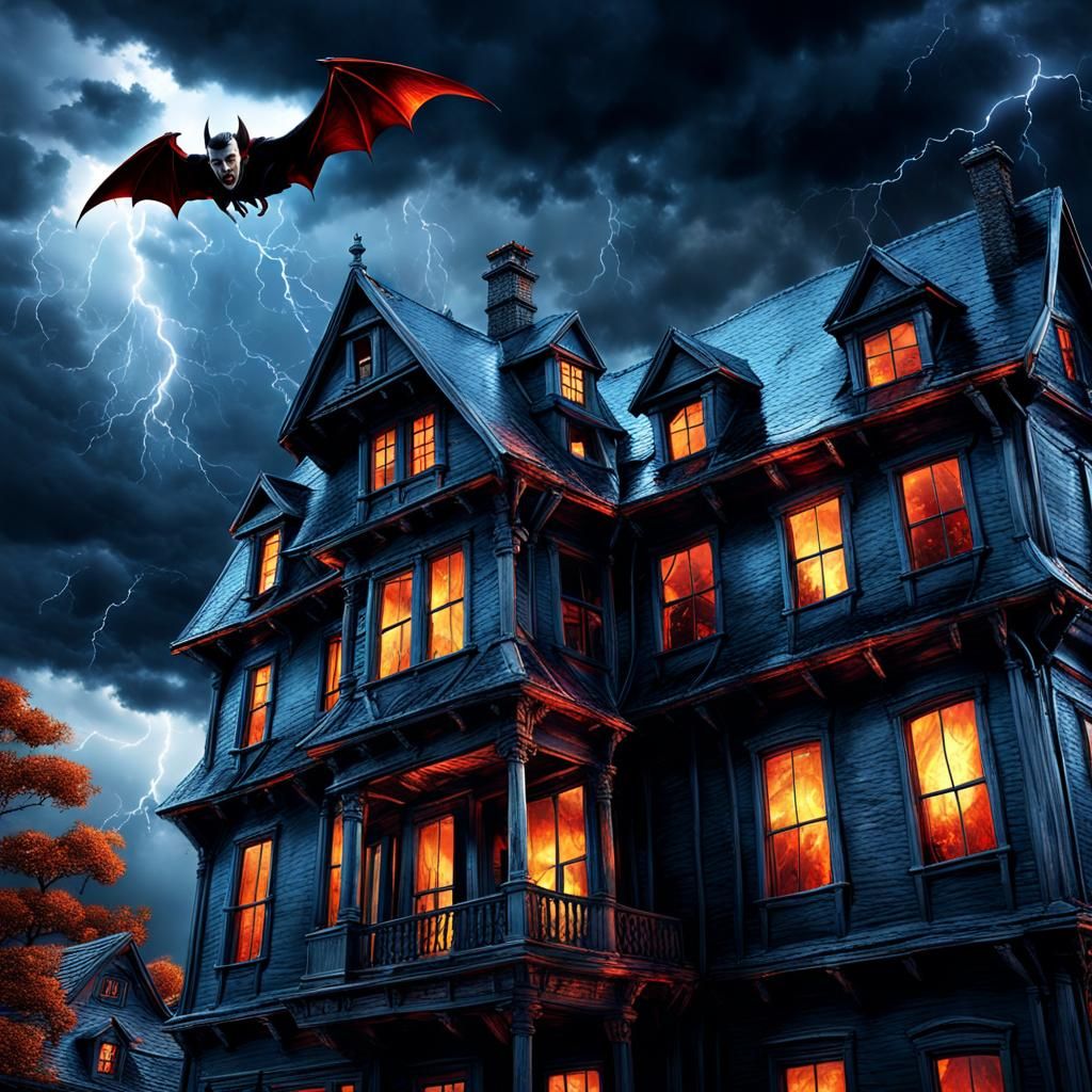 Vampire Soaring Over Old House in Thunderstorm