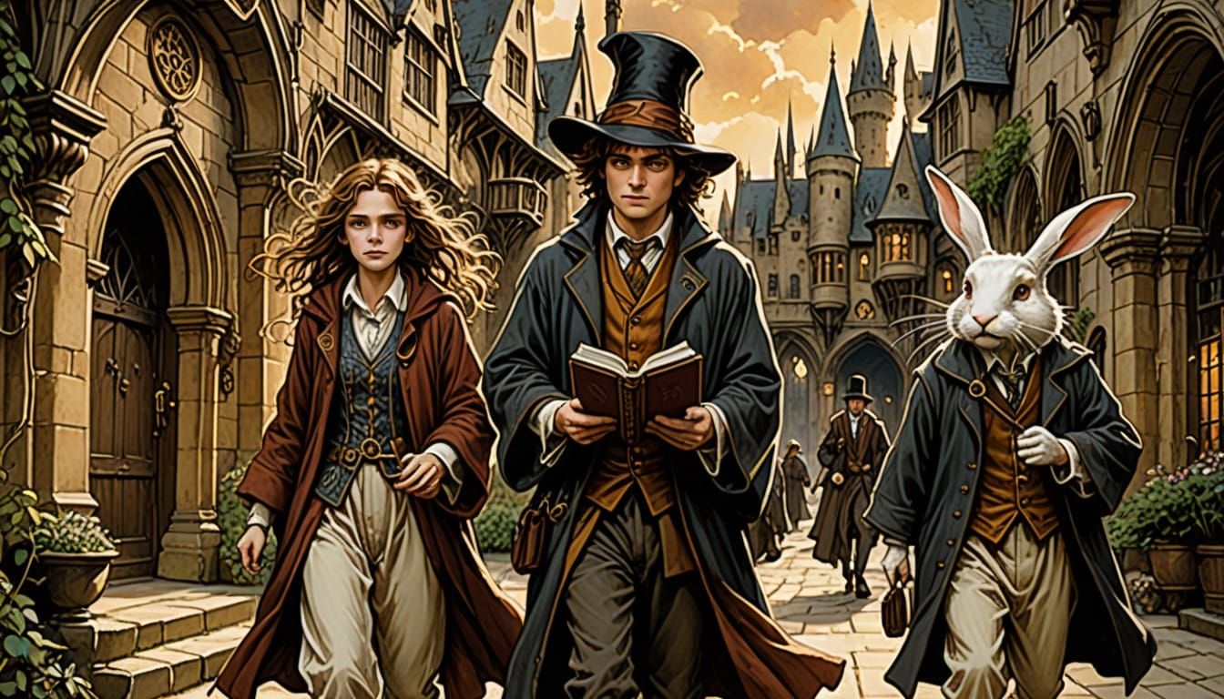 Epic Fantasy Trio Converge in Hogwarts Courtyard