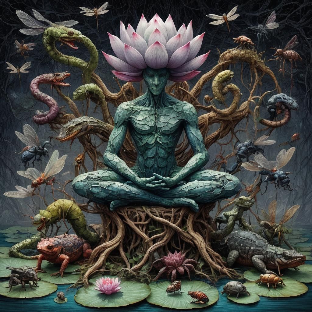 Lily Pad King on Throne with Reptile Court