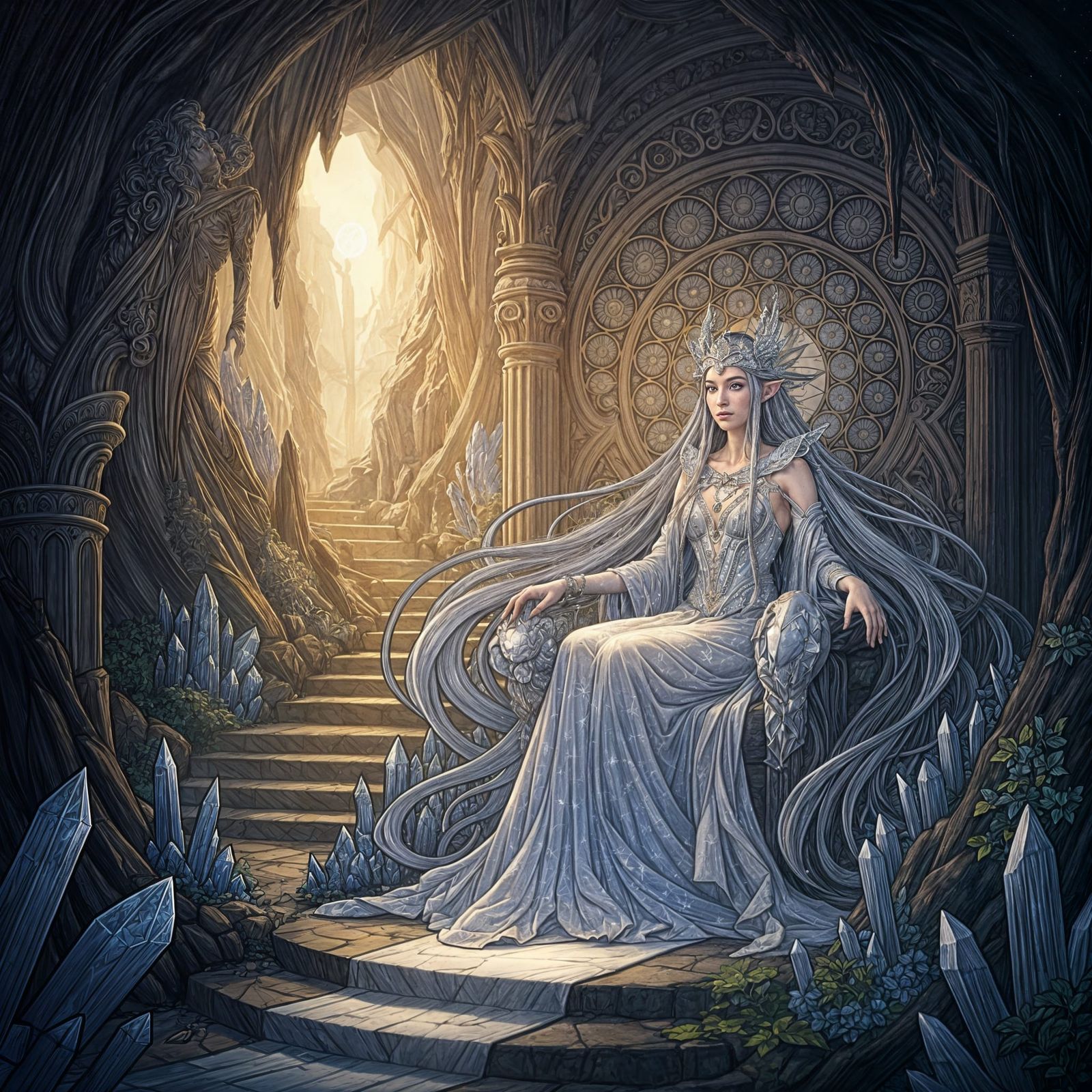 Celestial Elven Queen on Crystal Throne in Art Nouveau