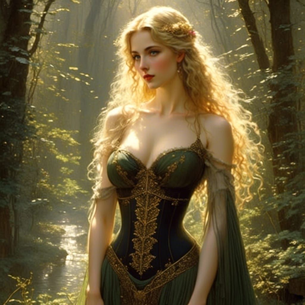 Beautiful Blond Woman with Corset and Defiant Gaze