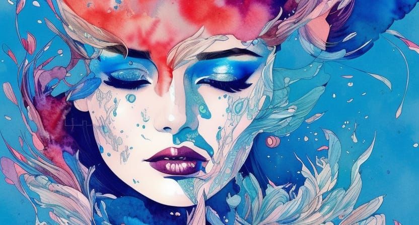 Elegant Air Goddess in Blue and White Watercolor