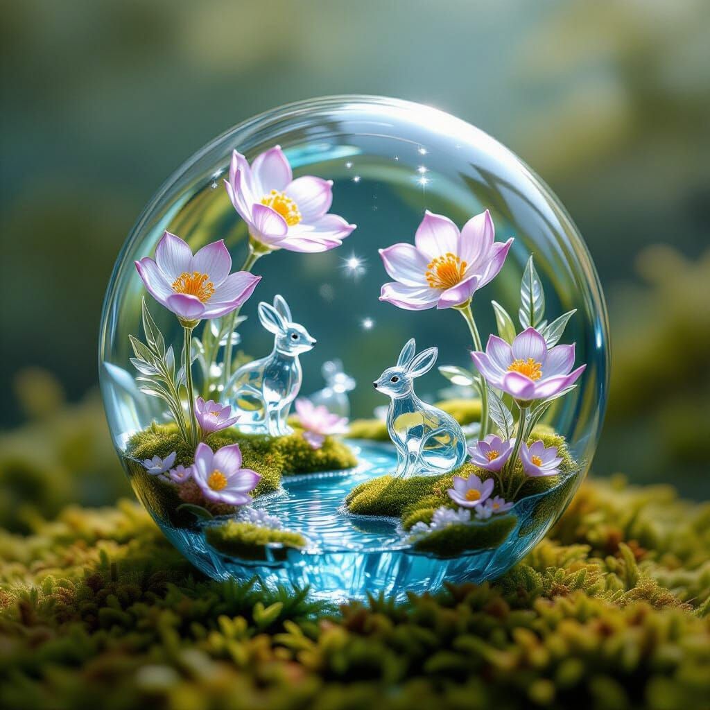 Intricate Crystal World with Flowers and Animals