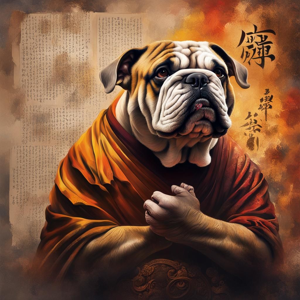 Hyperrealistic Bulldog as Buddhist Monk Portrait