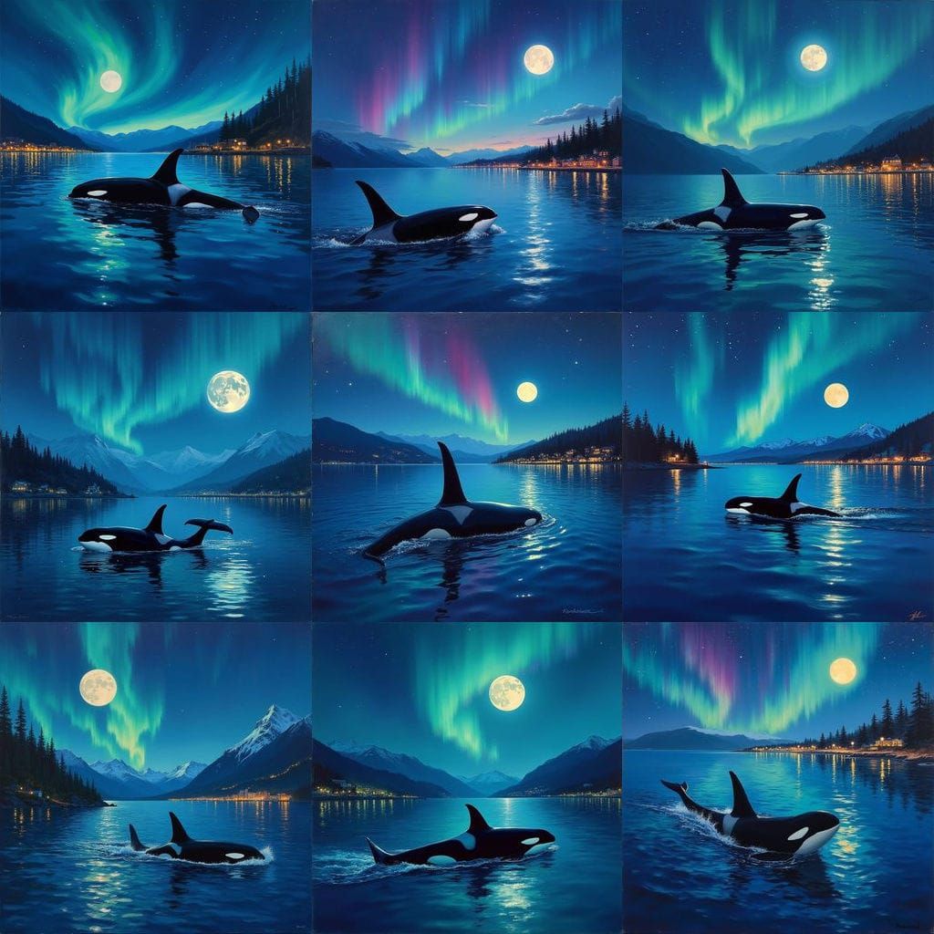 Orca in Bay at Night Under Northern Lights