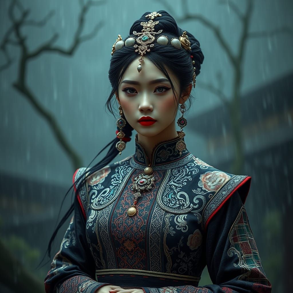 Elegant Asian Necromancer in Rainy Landscape