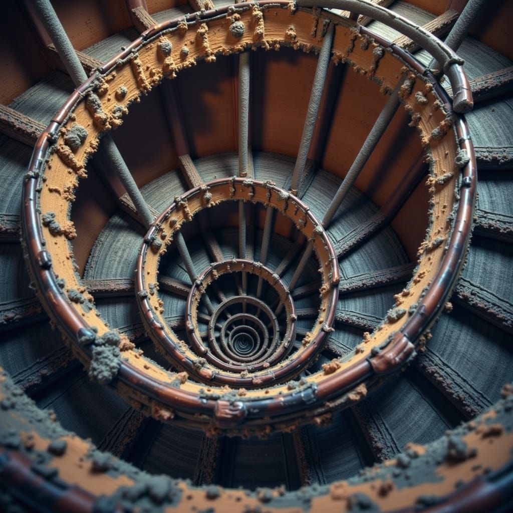 Worn Metal Spiral Staircase from Above