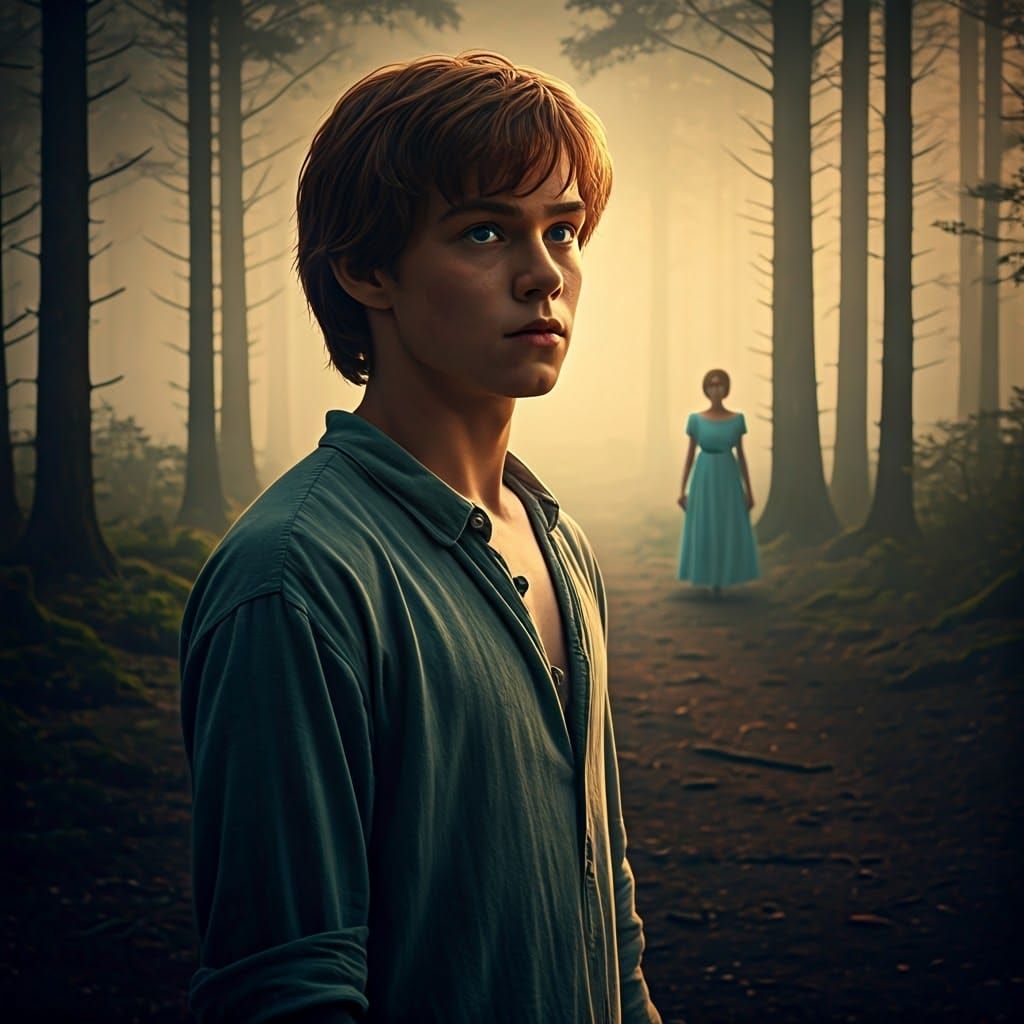 Youthful Hero Stands at the Edge of a Mystical Forest, Nosta...