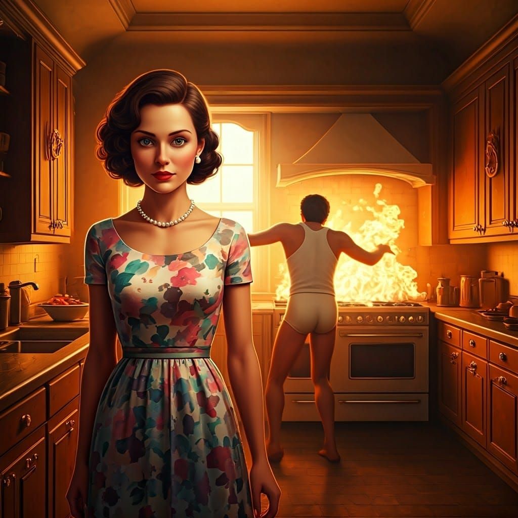 Vintage Kitchen Chaos in Animated Film Style