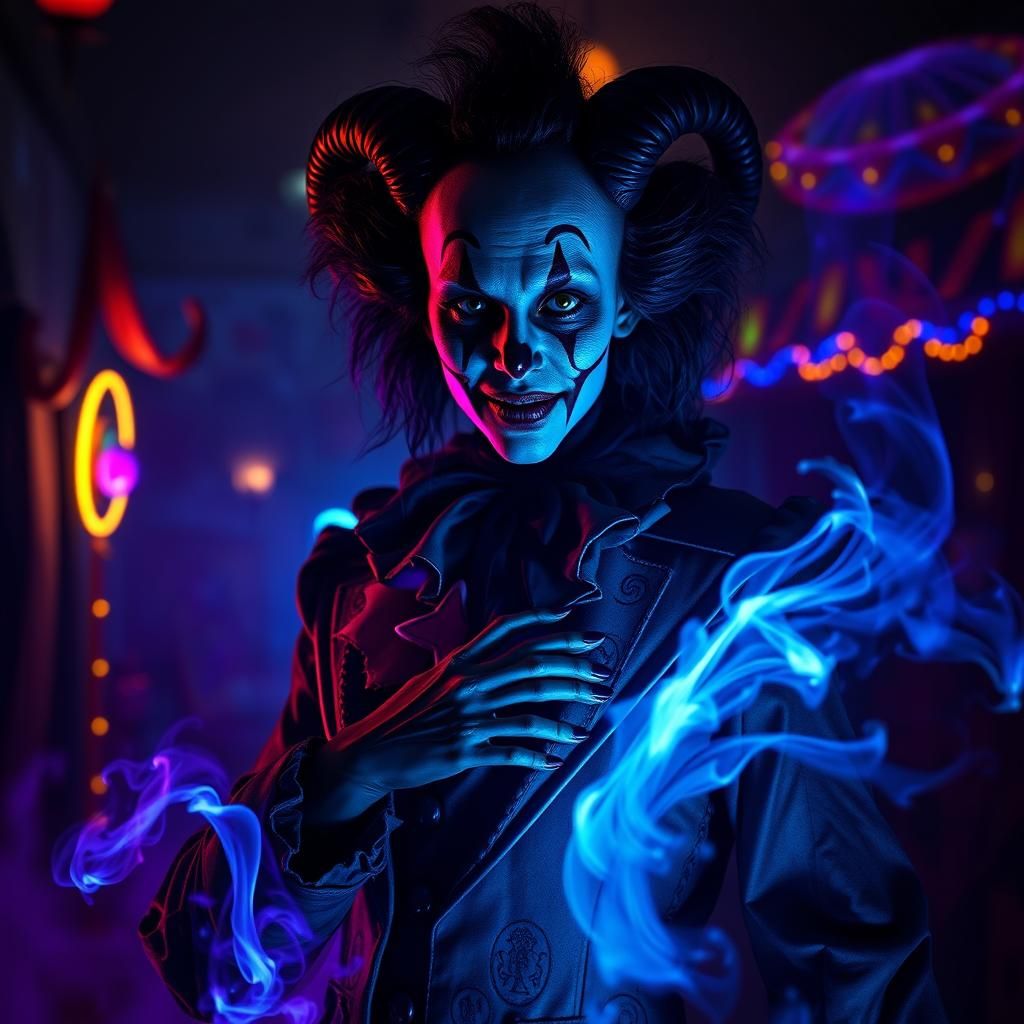 Ominous Female Clown Necromancer in Dark Carnival