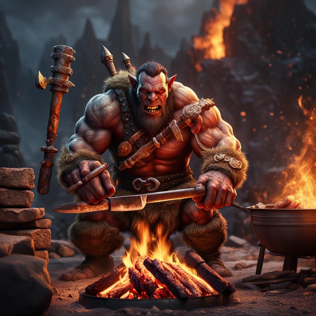 Orc Barbarian Roasting Meat: Detailed Fantasy Art