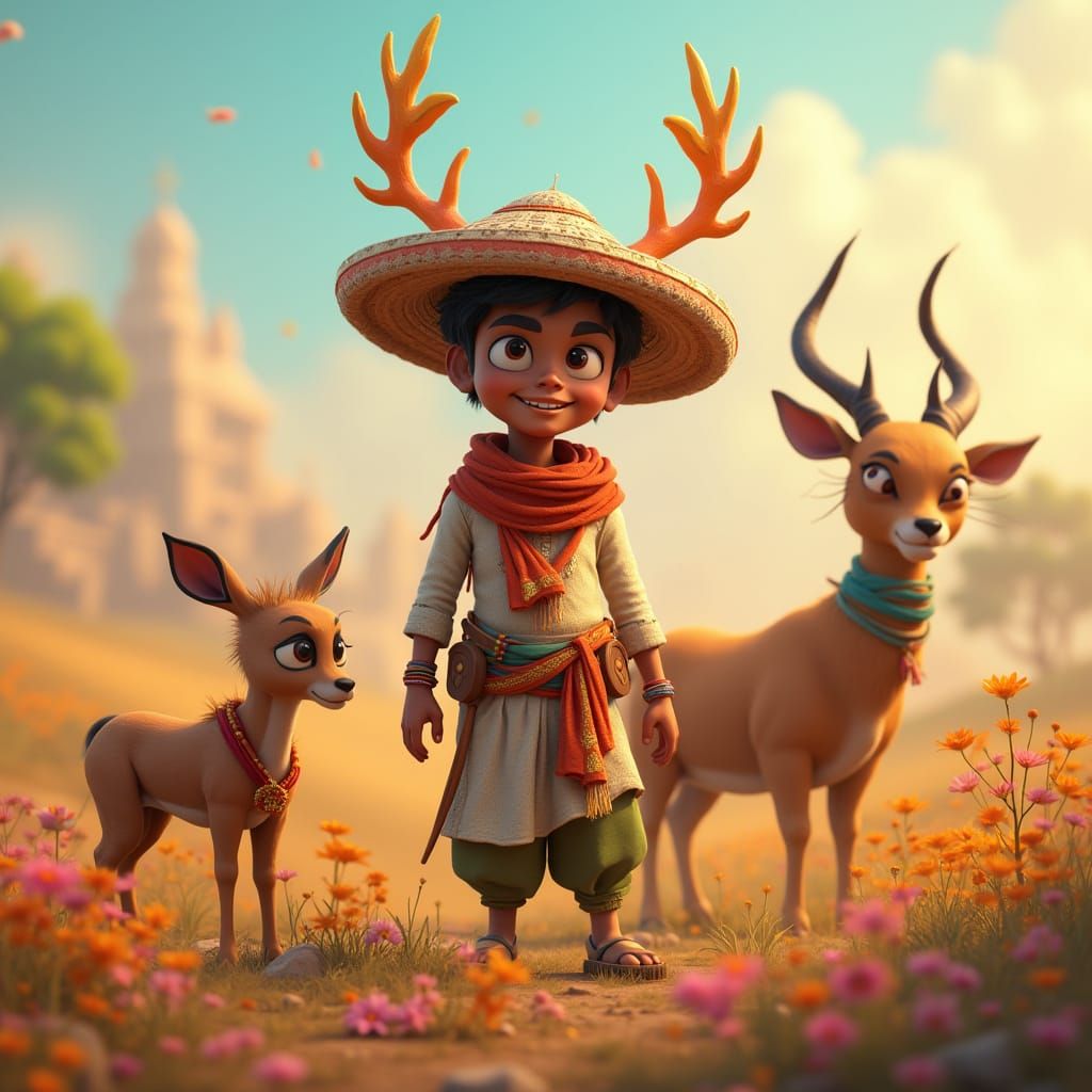 Vibrant Indian Farmer with Deer-Lion Hybrid Creature