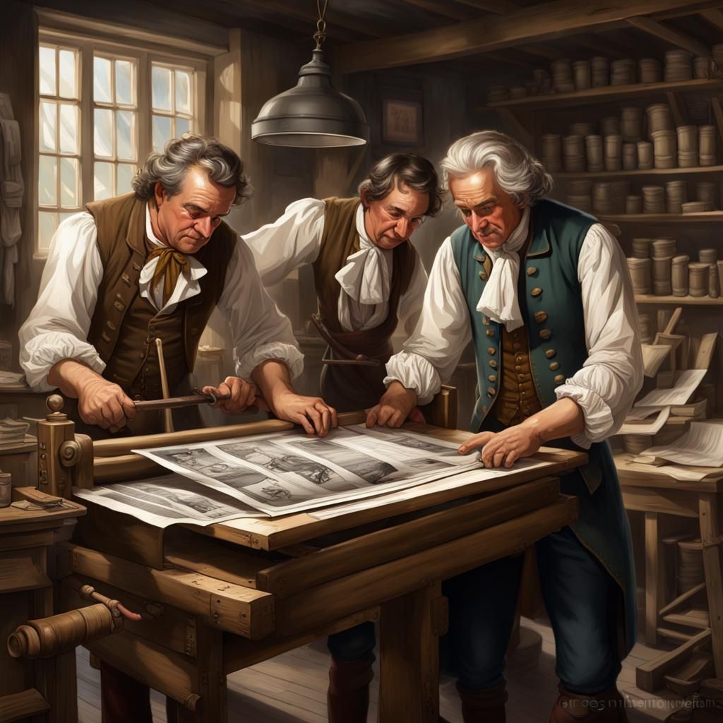 Colonial Printers Operating a Wooden Press