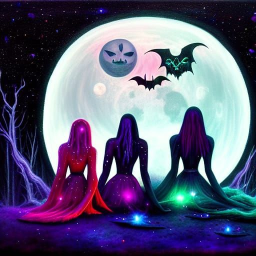 Witches' Coven Under Full Moon in Oil Painting