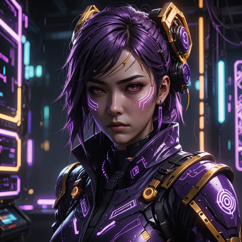 Young Cyberpunk Sorceress Hacks with Determined Expression