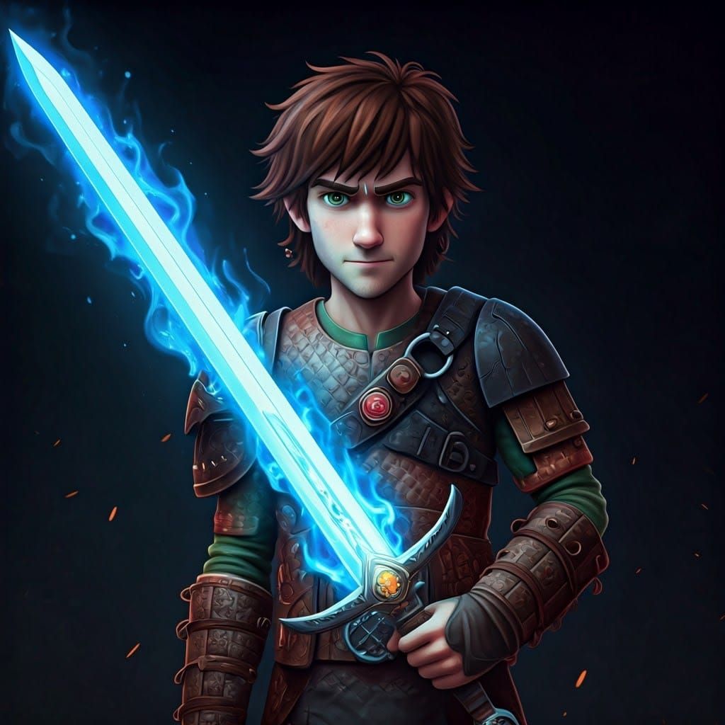 Young Hiccup Haddock Wields Blue Flame Sword in Anime Style