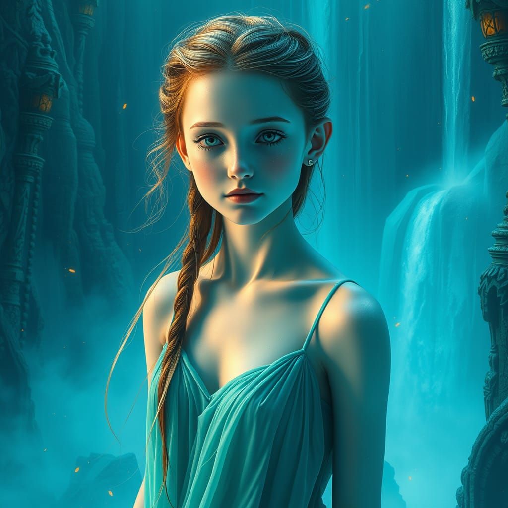 Ethereal Blue Goddess in Whimsical Waterfall Realm