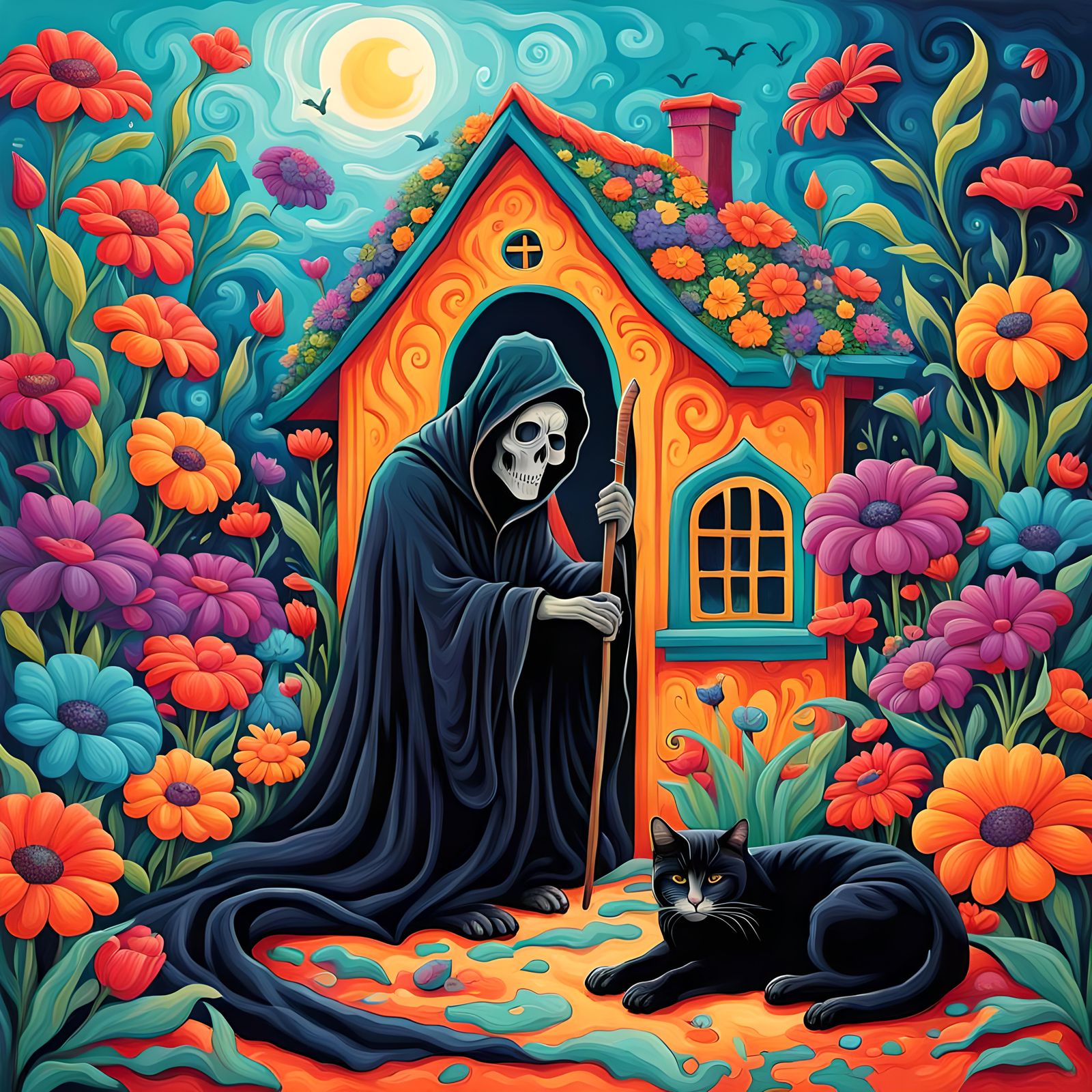 Grim Reaper Relaxing in Colorful Flower Garden