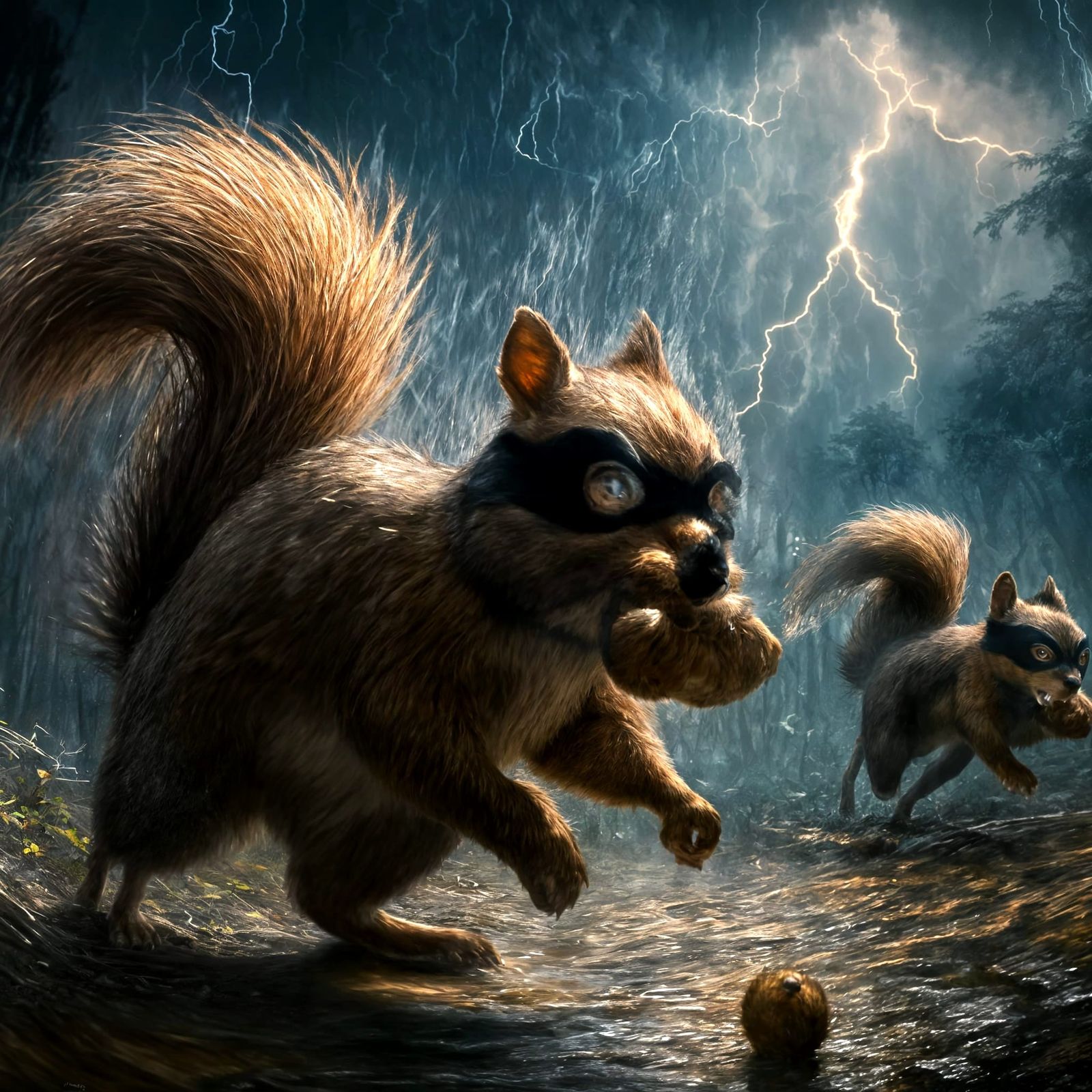 Mischievous Squirrels Stealing Food in Forest Rainstorm