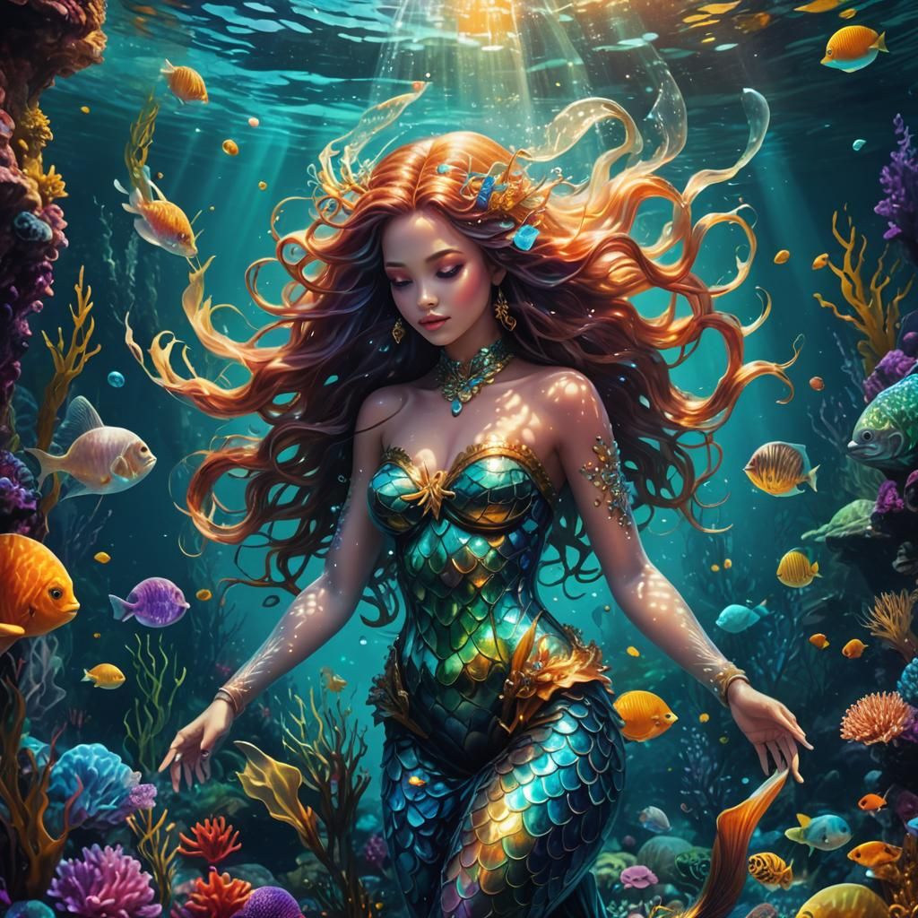 Glass Mermaid Underwater: Holographic Astral Illustration