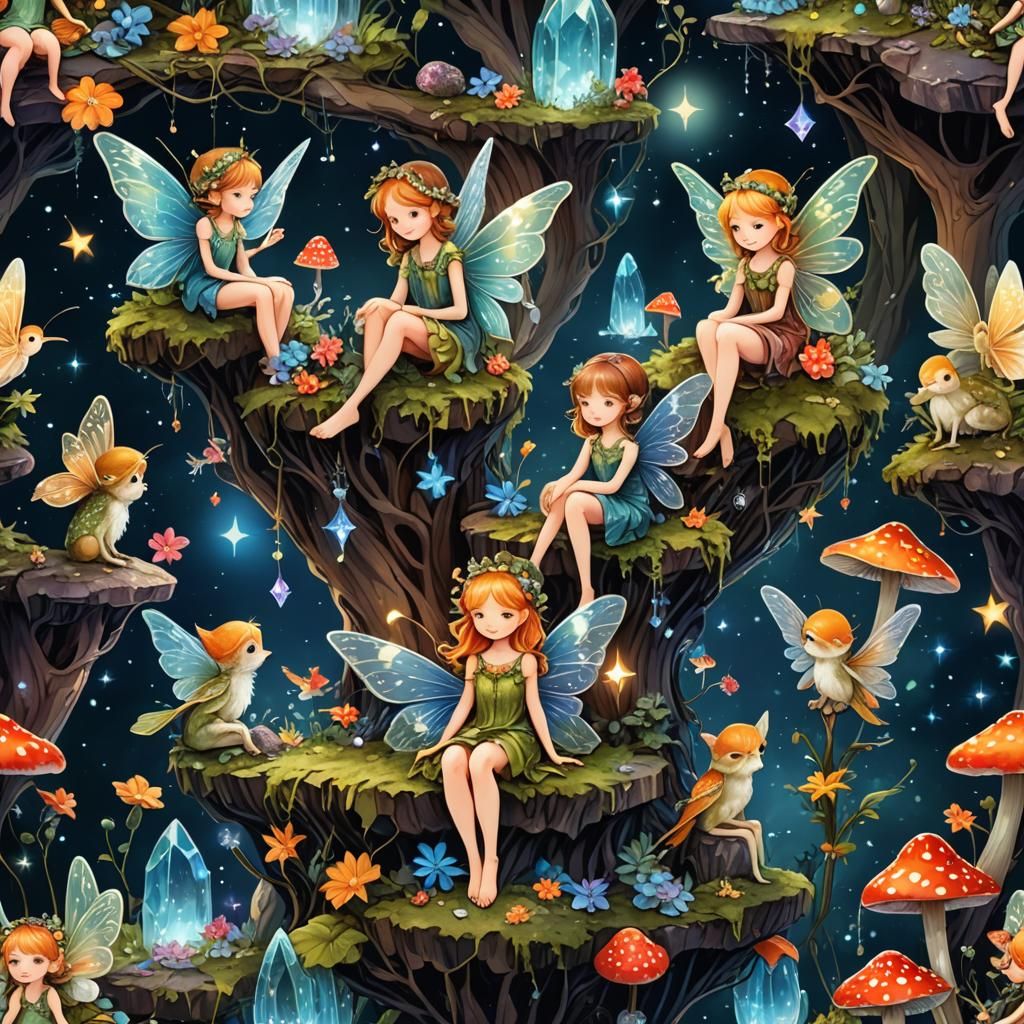 Fairies on Crystals in Enchanted Forest Illustration