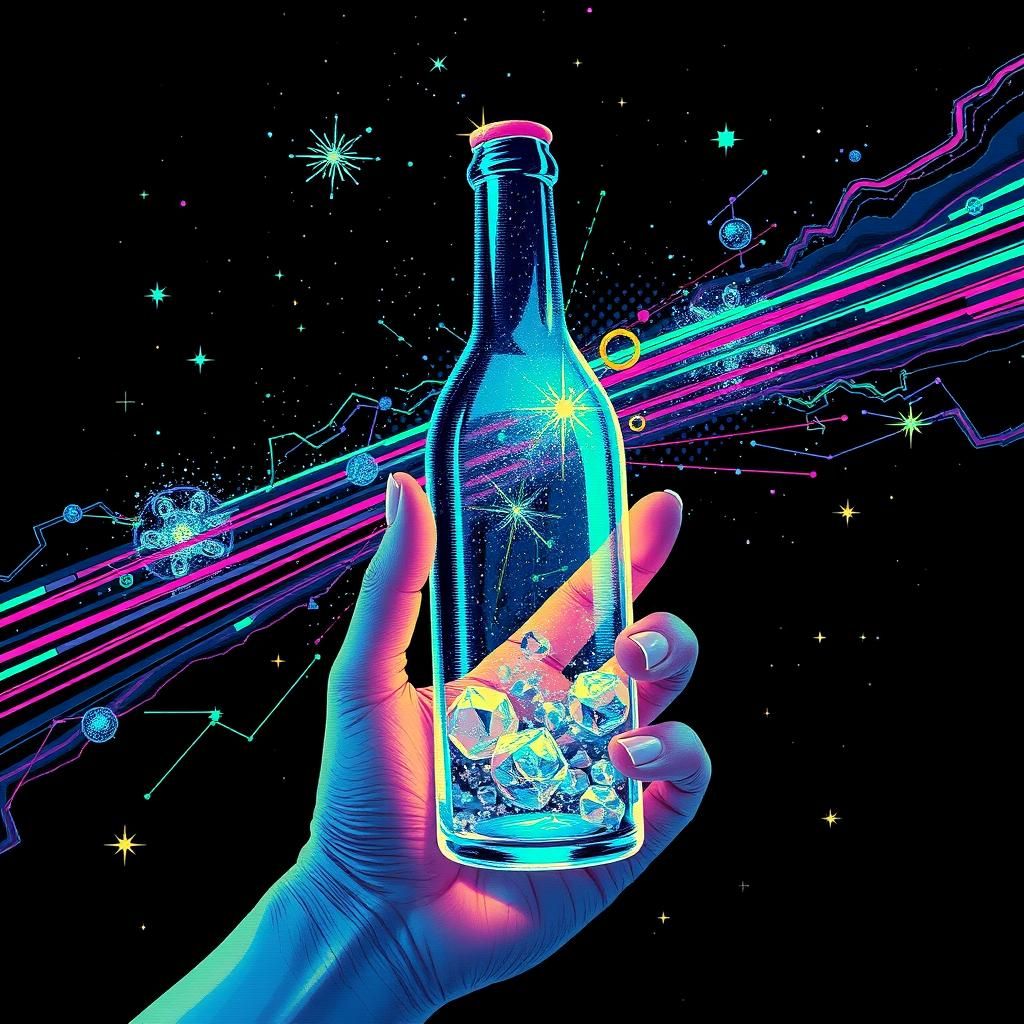 Abstract Constellation with Glass Bottle in Maximalist Style