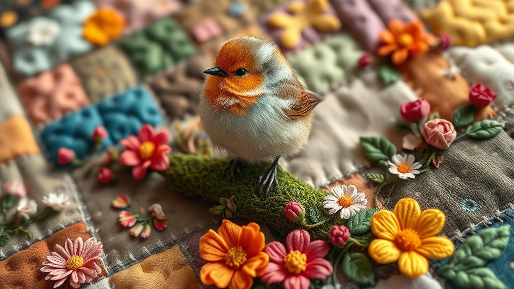 Embroidery Art: Fluffy Bird on Mossy Branch