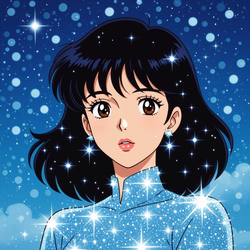 1980s Anime Star Woman with Mullet in Blue Palette