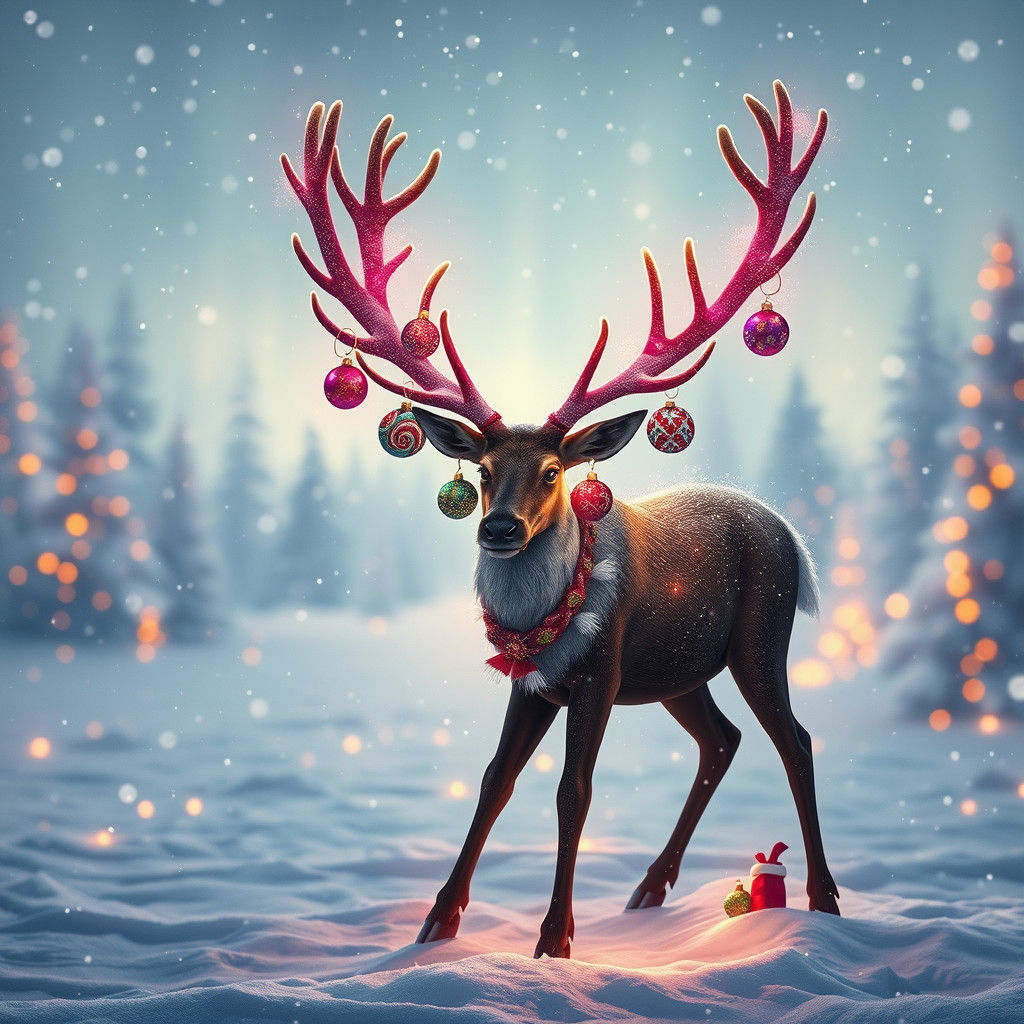 Reindeer with Ornaments in Winter Wonderland