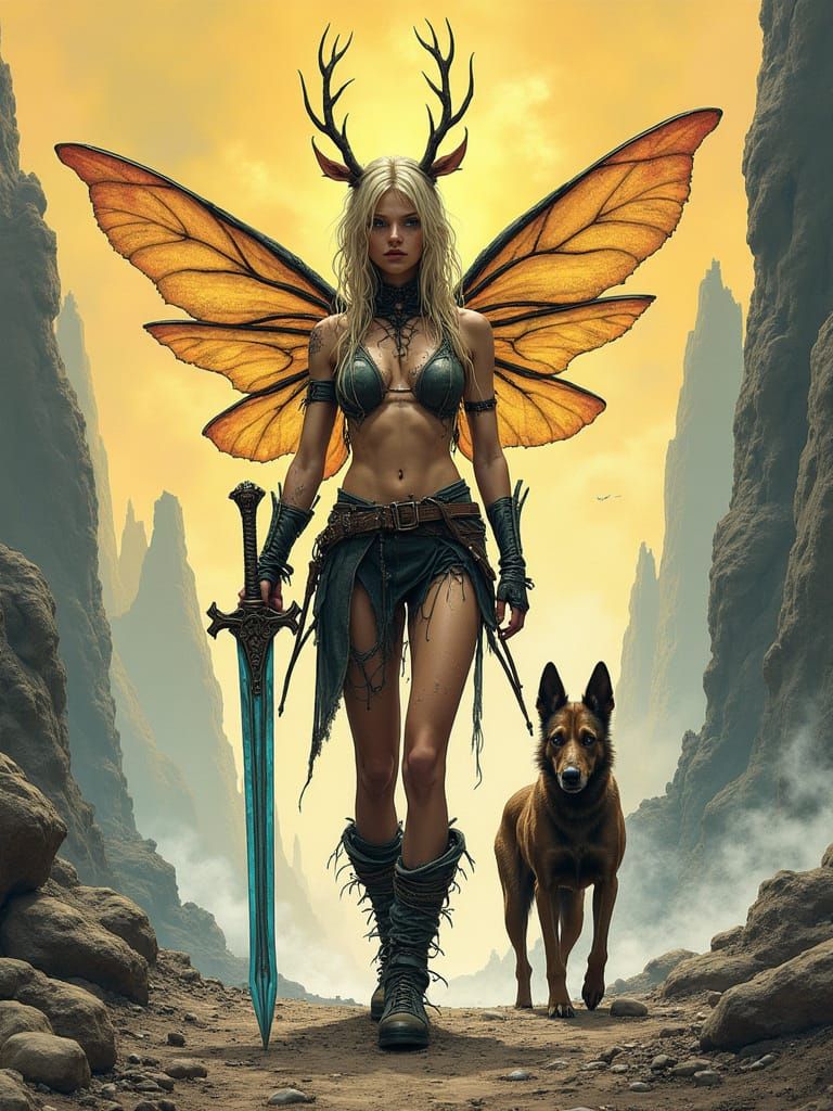 Cyberpunk Faerie Warrior in Post-Apocalyptic Landscape