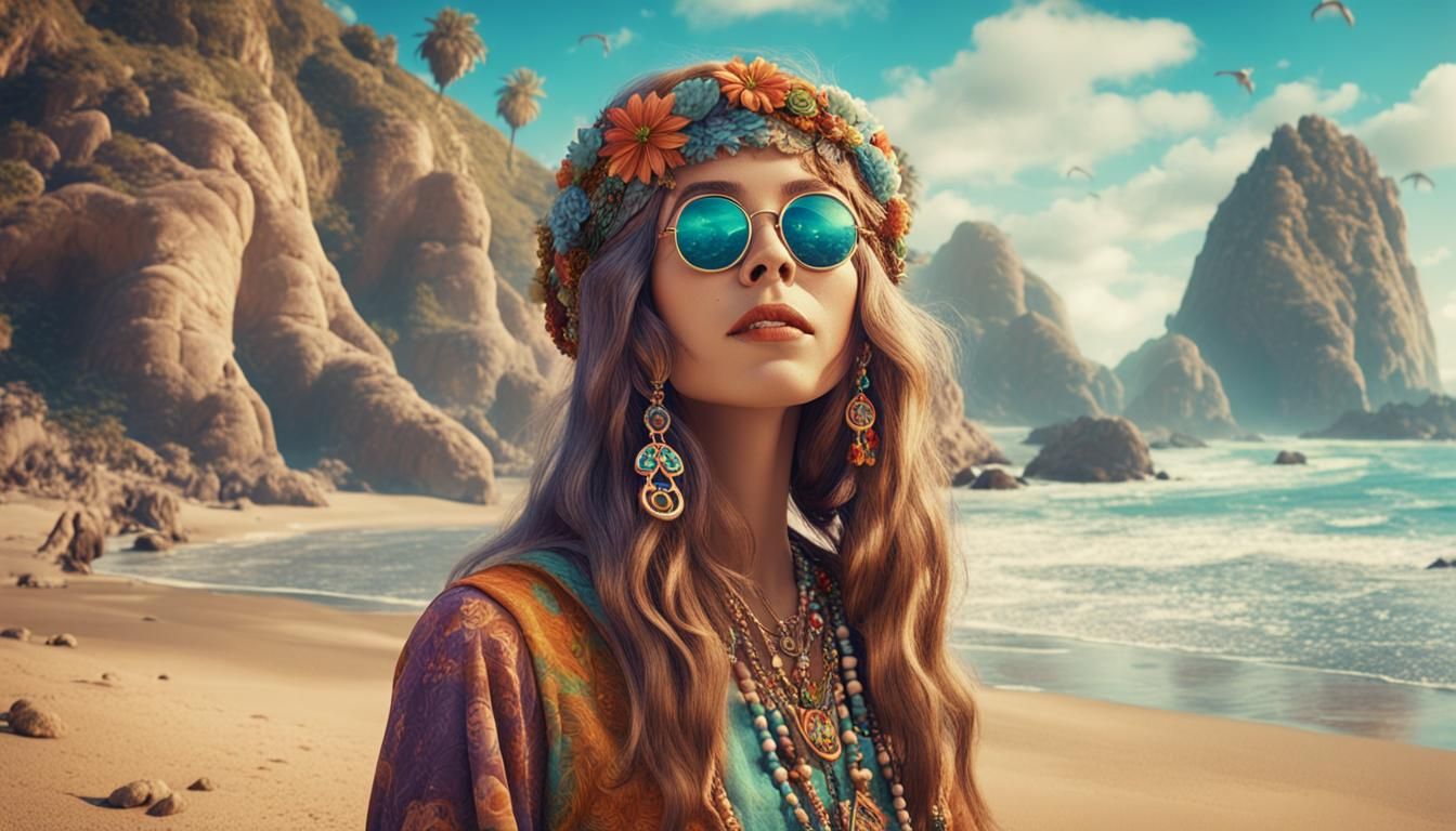 Hippie Woman on California Beach: Detailed Matte Painting