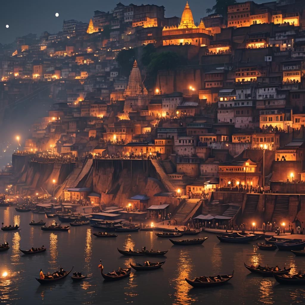 Varanasi Ghats at Evening: Temples and Ganges River