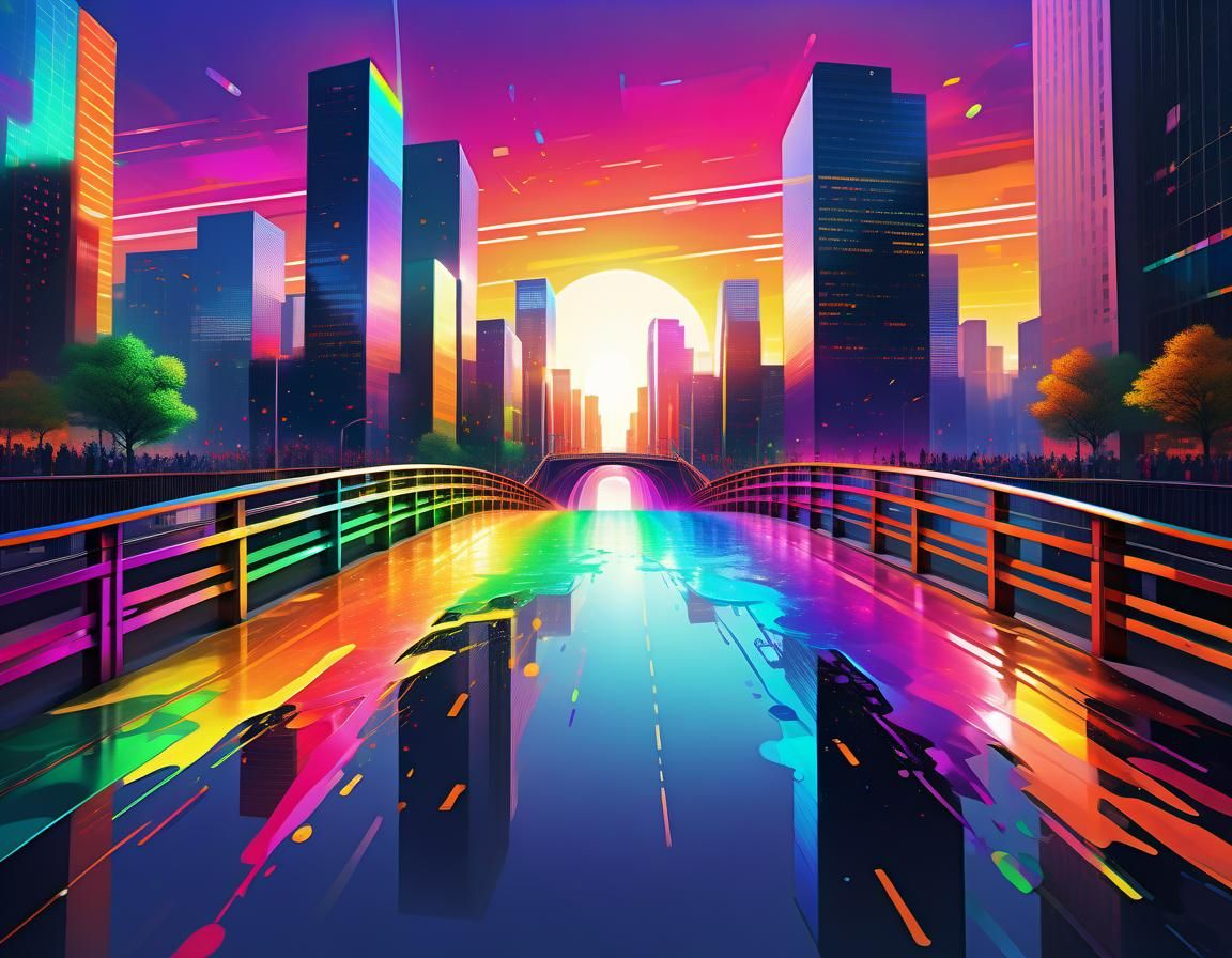 Rainbow Bridge Over City in Vibrant Digital Art
