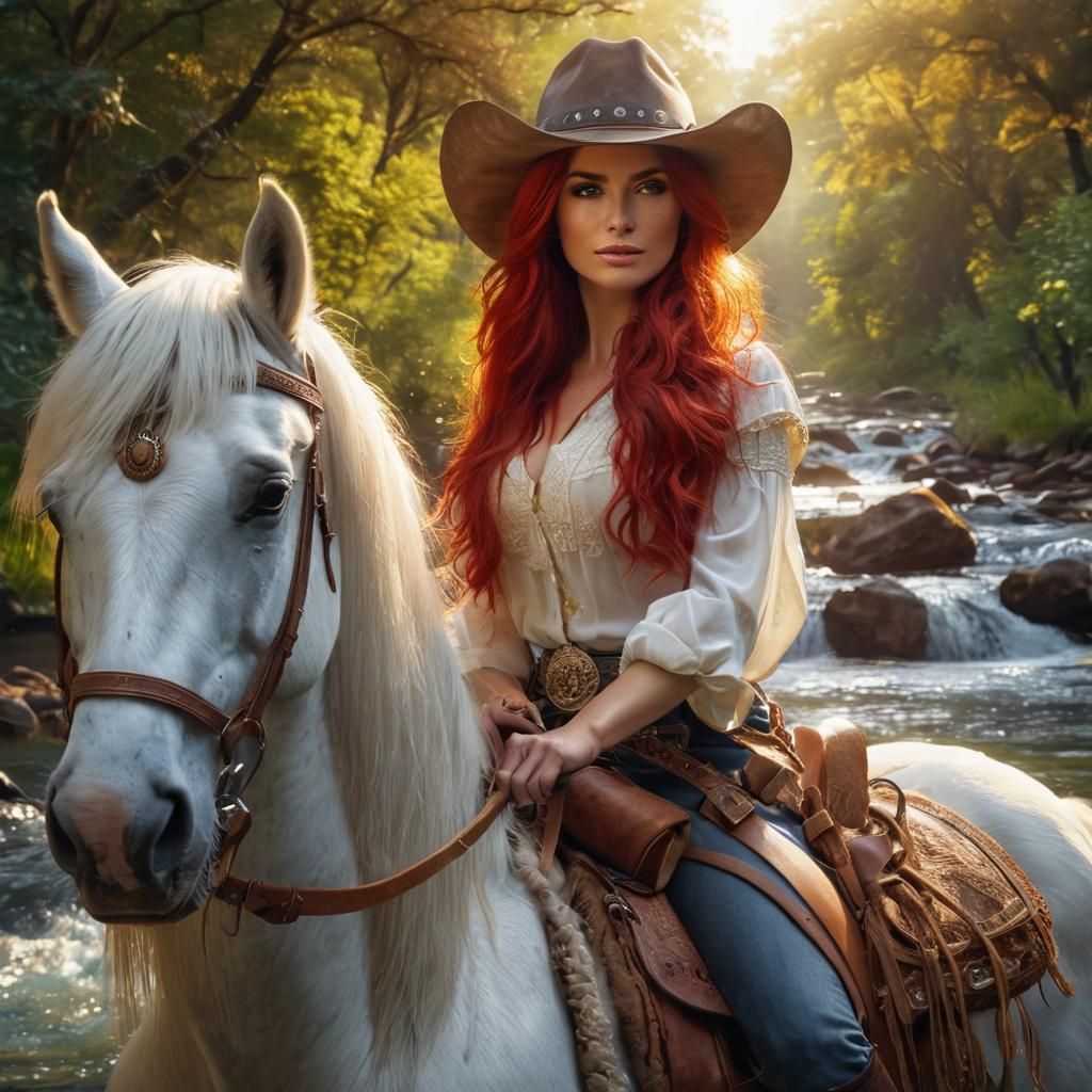 Cowgirl on White Horse by River: Photorealistic 8K