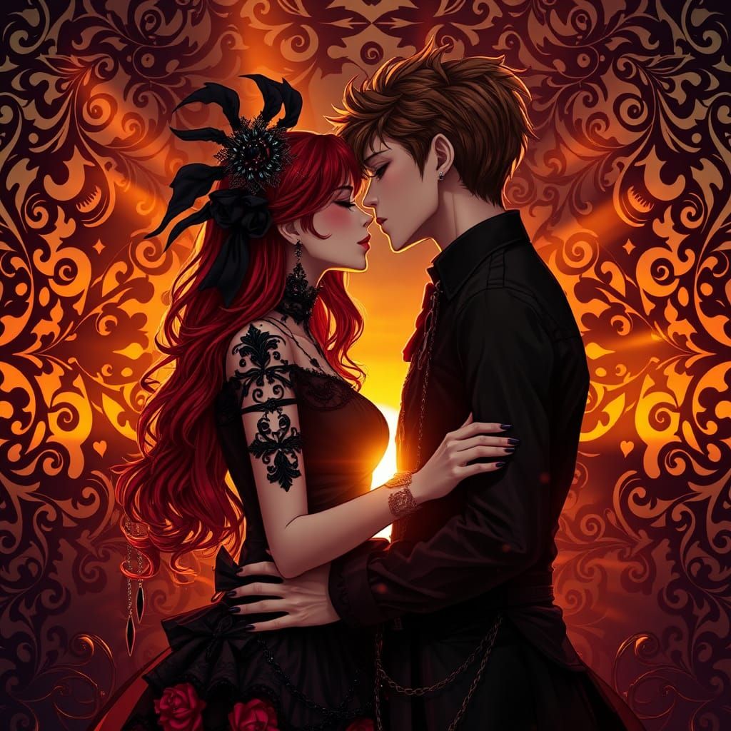 Romantic Goth Couple in Anime Style