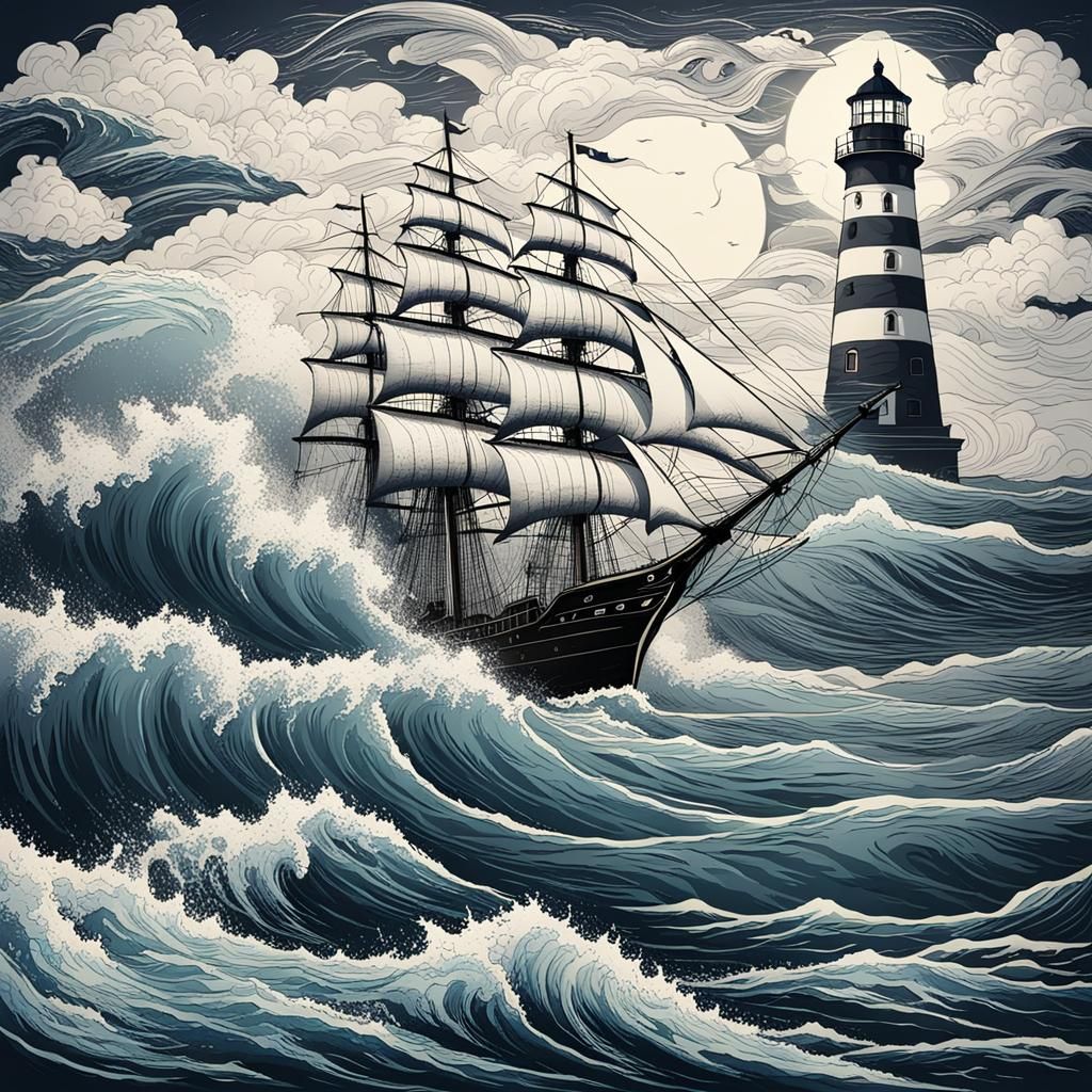 Stormy Ocean Waves with Sailing Ship