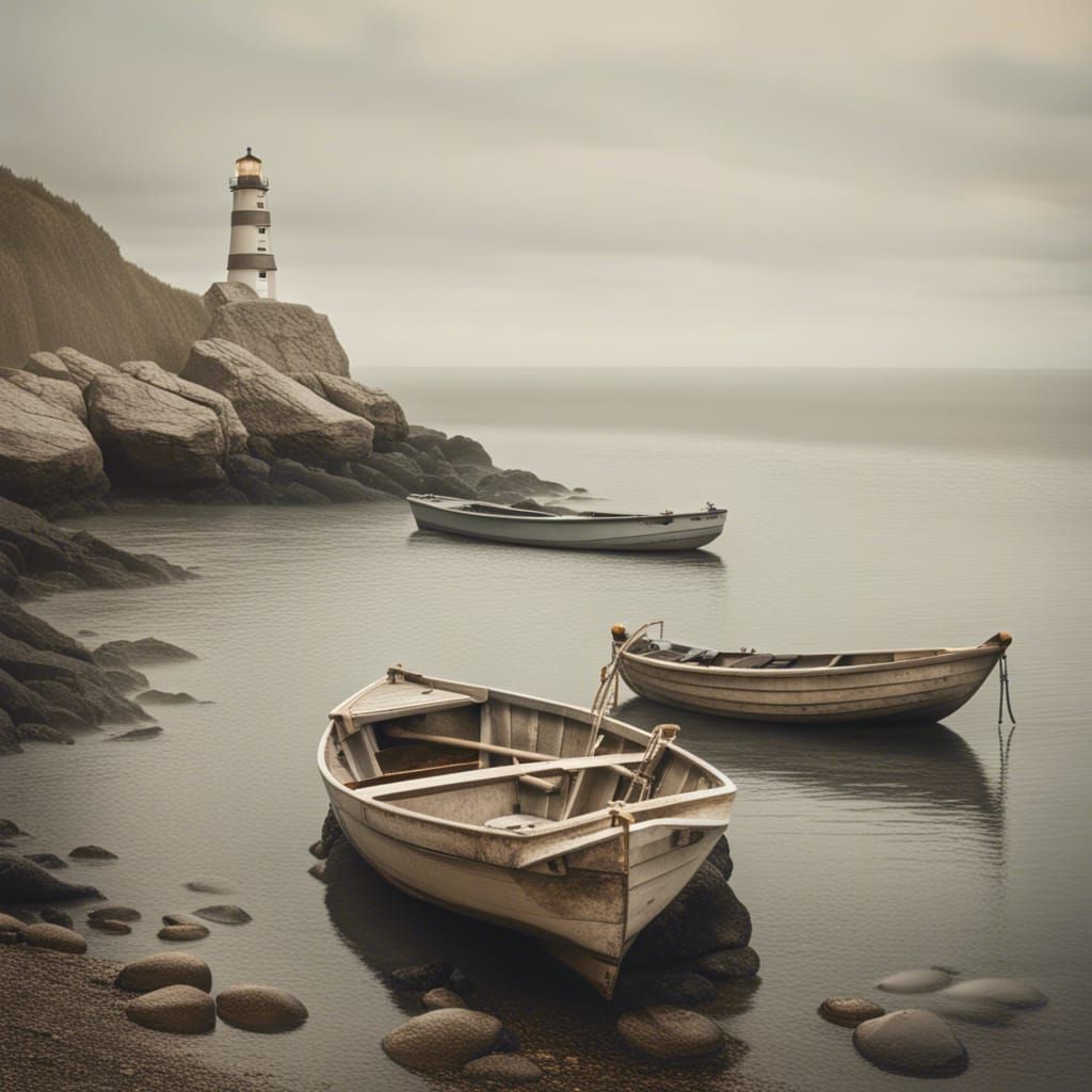 Rowboats at Shore with Lighthouse: Muted Photography