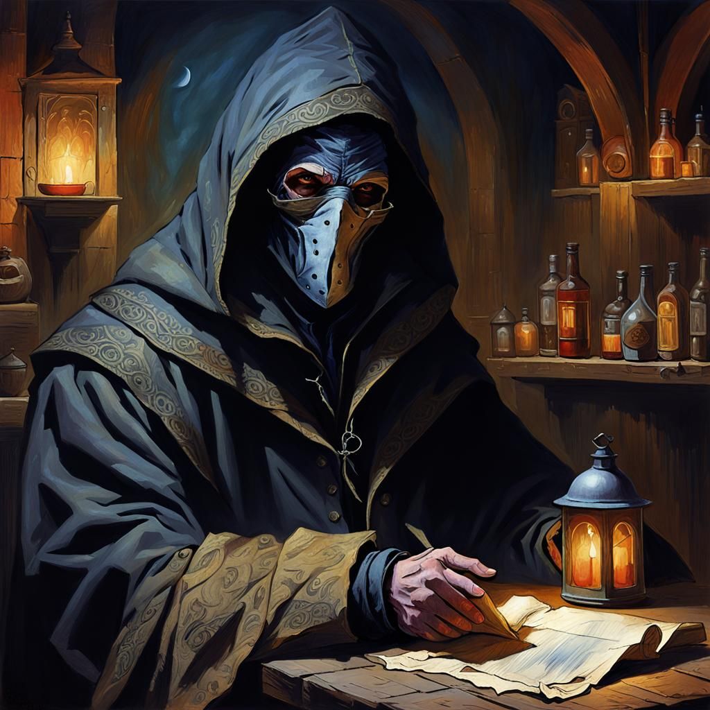 Mysterious Man in Tavern with Glowing Eyes