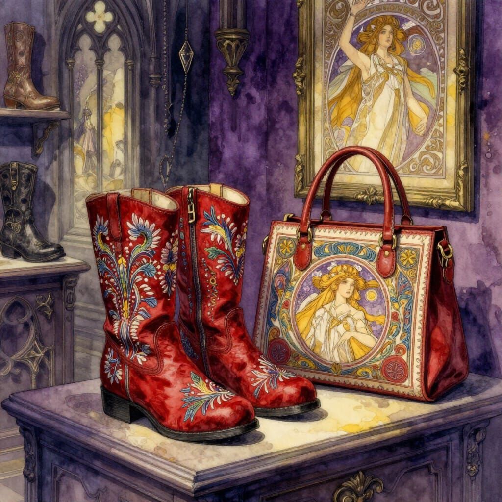 Embroidered Red Boots and Bag in Gothic Store