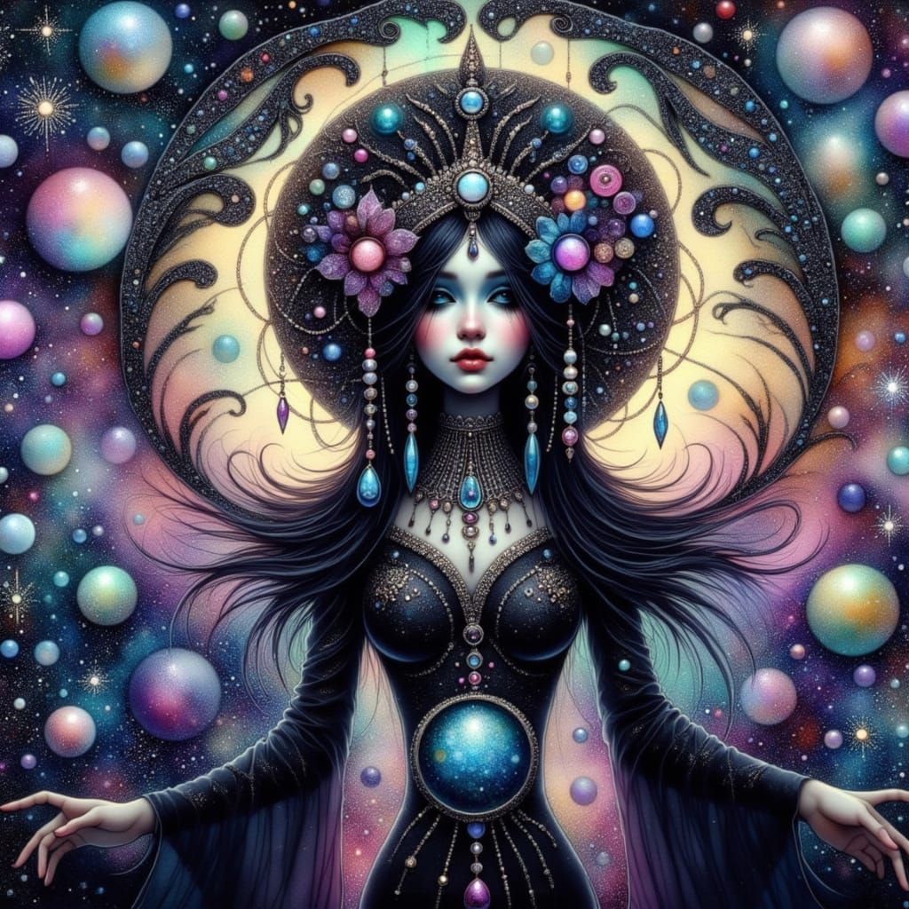 Celestial Goddess in Art Nouveau Goth-Punk Style