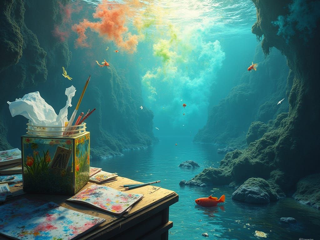 Underwater Office Wreckage in Vibrant Watercolors