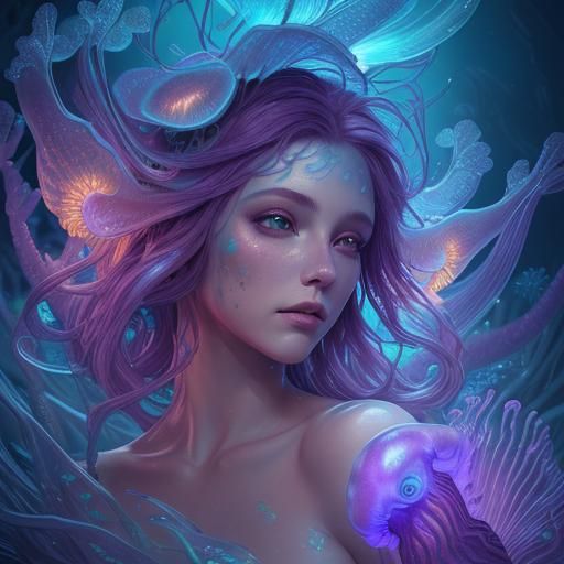 Mermaid Face with Glowing Jellyfish in Detailed Painting