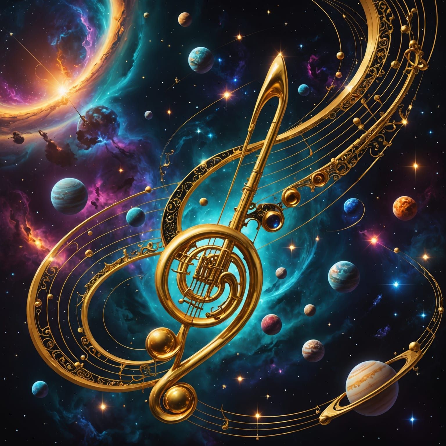 Cosmic Musical Nebula with Planet Notes in Digital Matte Pai...