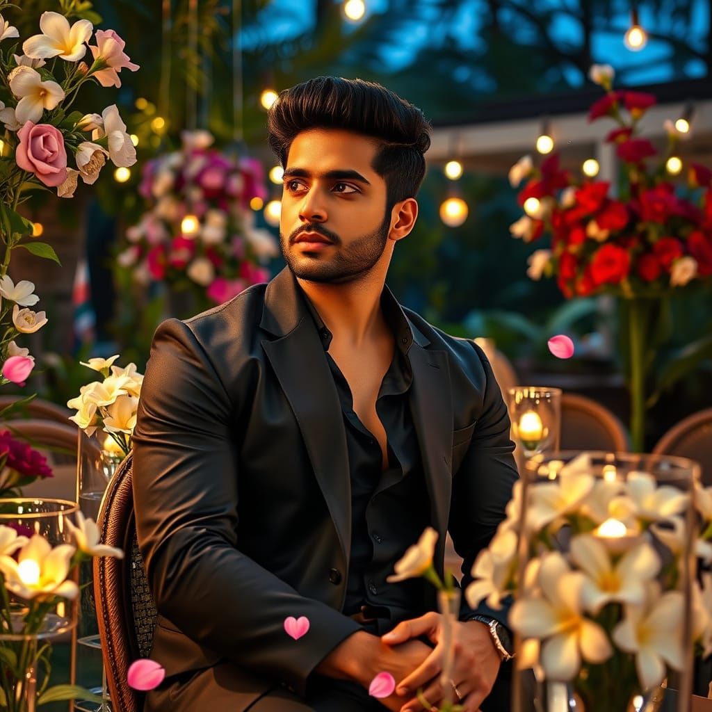 Charming Bollywood Star in Elegant Nighttime Garden Setting