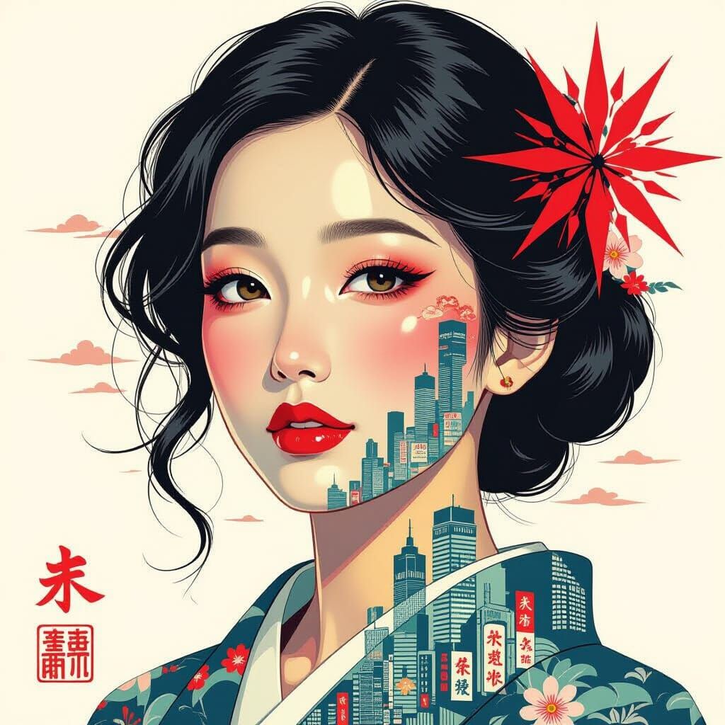 Surreal Japanese Style Double Exposure Ink Painting