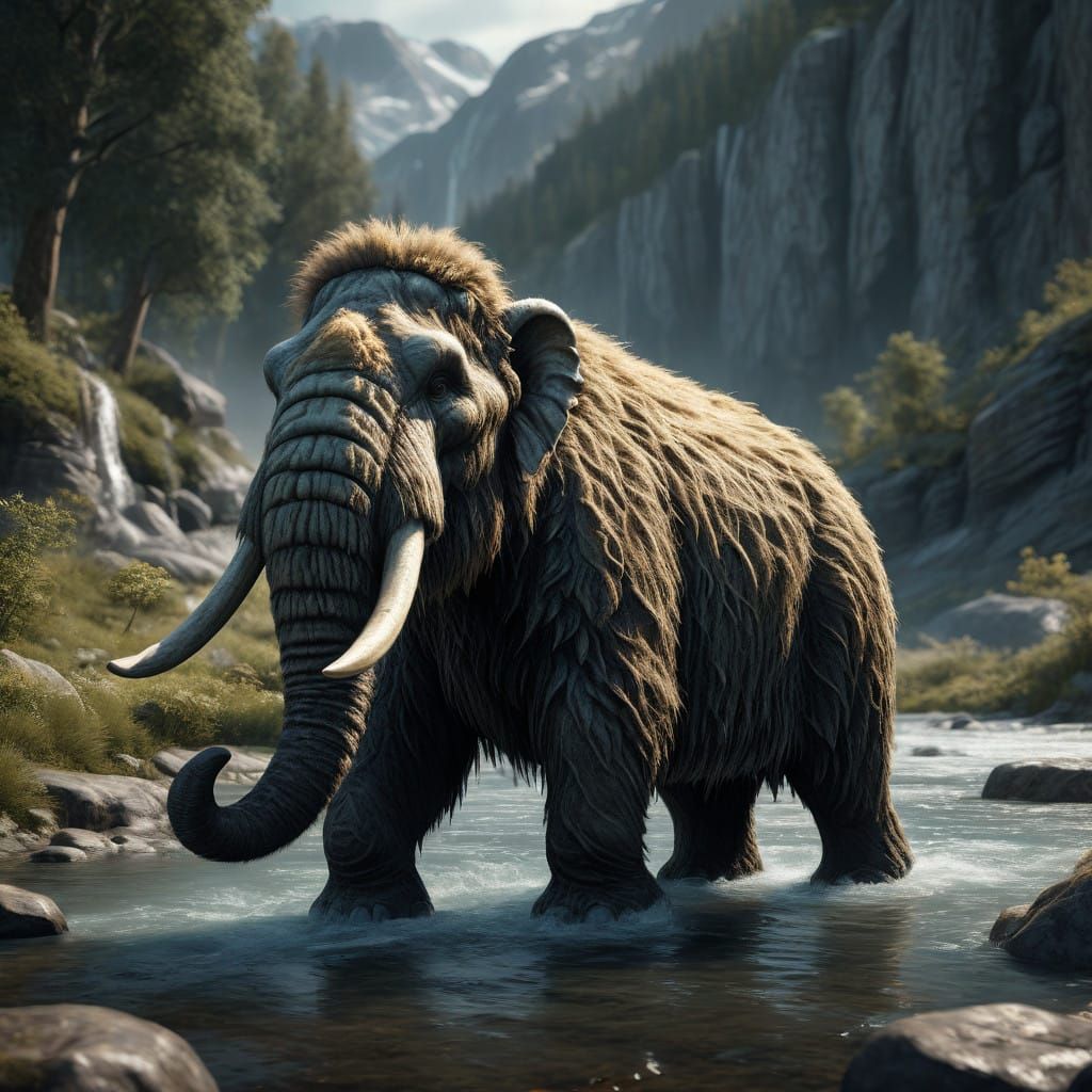 Hyperrealistic Woolly Mammoth Concept Art by a River