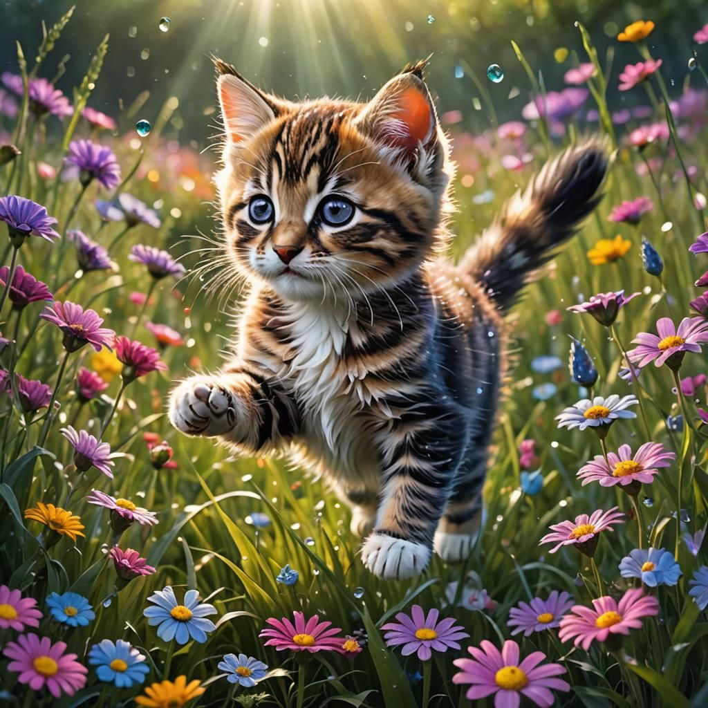 Happy Kitten Jumps Through Field of Flowers